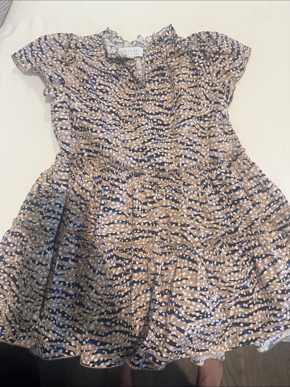 HUNTER BELL Tan, Navy, White Printed Ruffle Blouse